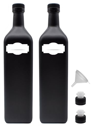 Generisch Ölflaschen 1l zum Befüllen schwarz-matt aus Glas 1000 ml mit Deckel und Kunststoffausgießer wasserfeste Etiketten Made in Germany (Variante 2)