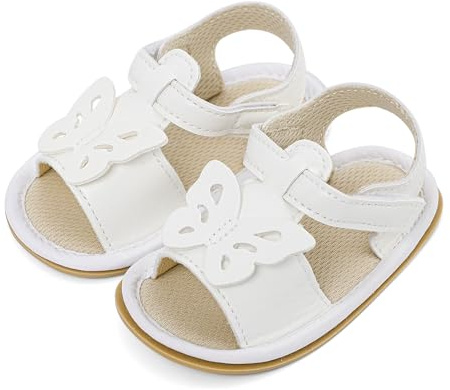LACOFIA Baby Girls Sandals Infant Breathable Summer Sandals First Walking Shoes with Anti-Slip Soft Sole White Butterfly 6-12 Months