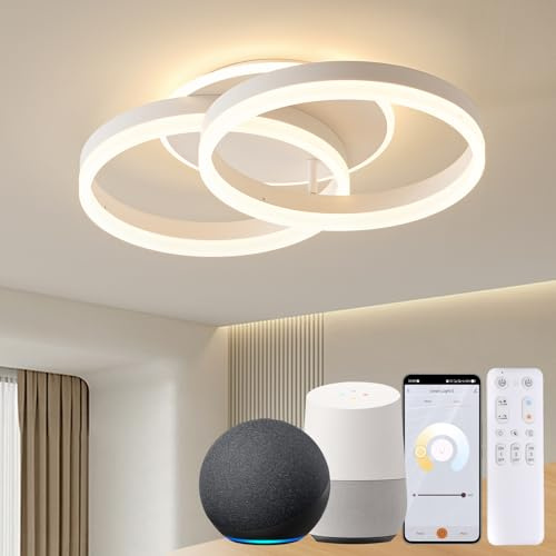 Amdelne Smart Deckenlampe, LED Kompatibel mit Alexa, 50cm 2-Ringe Design, 36W Deckenleuchte Wohnzimmer Moderne mit Fernbedienung Dimmbar,mit Nachtlicht, für Küche Schlafzimmer, Esszimmer, Büro-Weiß