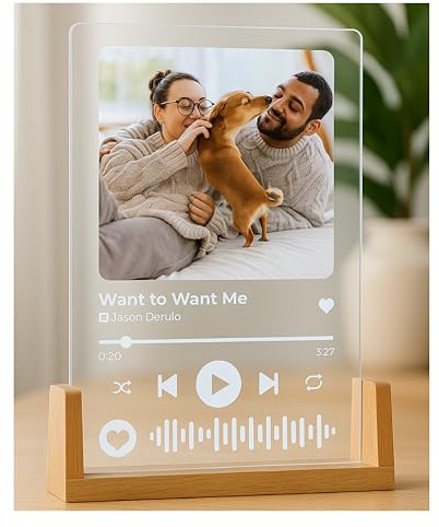 Crafted Memories Personalised A5 Song Music Plaque with Photo Personalised Valentines Gifts for Men Women Boyfriend Girlfriend LED Acrylic Song Gift for Birthday - Lights Powered by USB - Scan to play