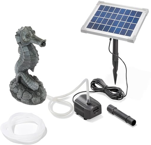 Esotec Solar Wasserspeier Komplettset Seepferdchen Ida Wasserspiel 101681 | Wasserspeier-Set, 5Wp Solarmodul, Pumpe 8V/DC, 250l/h, Förderhöhe 1m, Trockenlaufschutz, IP68, 5m Kabel, Wasserstrahl 40cm
