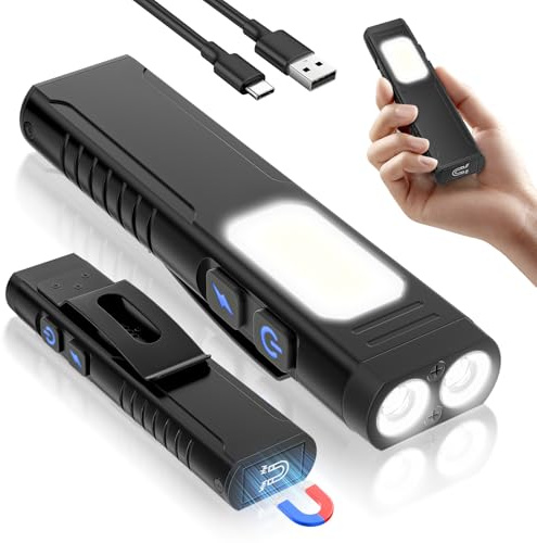 Mini Magnet Taschenlampe LED aufladbar mit COB Licht, Clip, 7 Modi, USB-C | COB Arbeitslicht, EDC Taschenlampe, USB-C aufladbar, Magnetfuß, Clip, 7 Lichtmodi, SOS Signal, Camping und Reparatur
