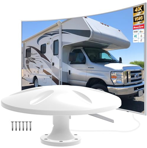 Digital HD TV Aerial, White, Outdoor RV Antenna with Signal Booster | Freeview UHF FM, For Motorhome HGV Truck Caravan Boat Campin, UK-BV087