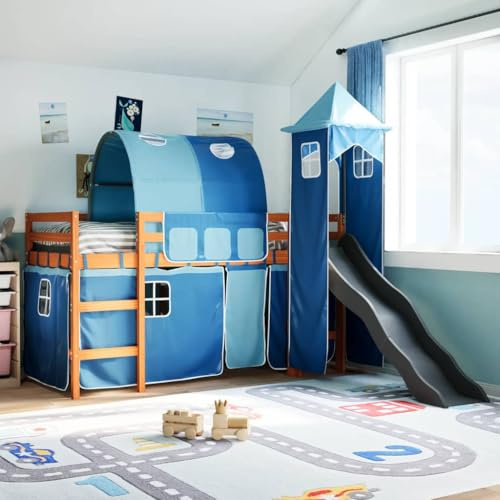Teenpull Kinder Hochbett mit Turm und Rutsche, 80x200 cm, Massivholz Kiefer, Blau, Robustes Spielbett mit Vorhängen für Kinderzimmer