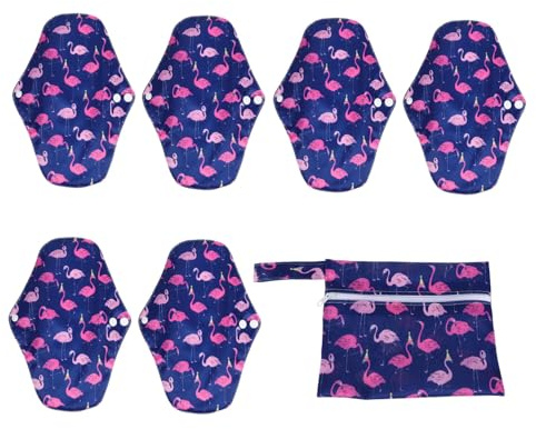 NIYANGLE Reusable Menstrual Pads Sanitary Towels Washable Panty Liners 7pcs Set with Flamingo Print and Carry Bag for Postpartum and Period Use