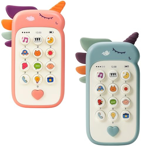 Juego de teléfono móvil de juguete, juego de 2 unidades, regalo para niñas de 1 año, promueve la función sensorial y motriz, para bebés de 6 a 18 meses, juguete de viaje, rosa y azul
