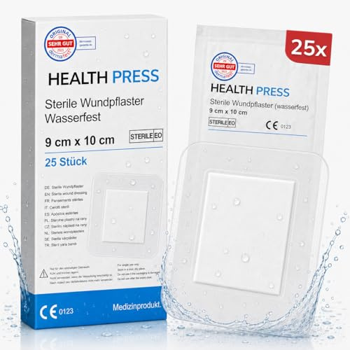 Health Press Sterile Wundpflaster wasserfest 9 x 10cm (Pflaster Set aus 25 Stück) – Steriler Wundverband, Pflaster einzeln verpackt, Verbandsmaterial hautfreundlich & sicher haftend