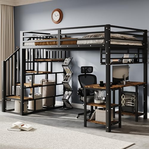 Zravenna Metallbett Hochbett 120x200cm mit Schreibtisch und Aufbewahrungsregal, Kinderbett mit Sicherheitsgeländer, Treppen mit Handläufen, Stabile Eisenrahmen (Schwarz+Dunkle B)