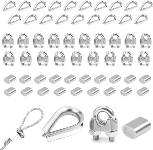 20 abrazaderas de cable de alambre M3, 3 mm, acero inoxidable 304, con 20 casquillos de aluminio y 20 guardacabos, abrazaderas de cable de alambre para cable de acero, tensor de tendedero, toldo fijo