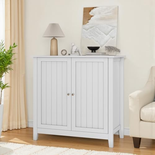 PUGSDRLY Armoire Basse 80x 40 x 80cm, avec 2 Portes striées, étagères réglables, Buffet pour Salle de Bain, Chambre ou Salon