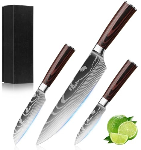 FIVE COWS 3er Küchenmesser Set, Küchenmesser Set aus Hochwertigem Carbon Edelstahl, Scharfen Klingen, Chefmesser, Allzweckmesser und Ergonomischem Griff, Ideal für Profi und Hobbyköche