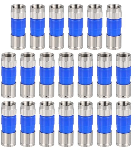 sourcing map 20 Pcs F Type Coaxial Cable Compression Connectors, 75 Ohm Copper RG6 Coaxial Male Connector with Water Tight O Ring for Cable TV Antennas Routers Modems Satellite TV, Blue