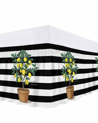 Wrap Around Bed Skirt King Size 18 inch Drop, Spring Summer Lemons Leaves Basin Elastic Adjustable Bed Skirts Ruffled Bedskirt, Black White Stripes Bed Frame Cover Hotel Luxury Bedskirts