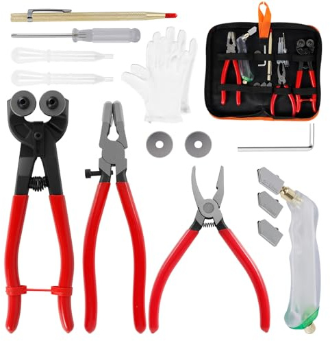 14 Pcs Glass Cutting Tool Set Kit with Mosaic Wheeled Glass Tile Nippers Glasses Running Pliers Breaker Grozer Pliers Tungsten Carbide Tip Scriber Grip Oil Feed Glasses Cutter Gloves Zipper Bag