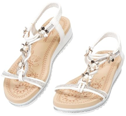 JOMIX Sandales Femme Bohème Sandales Compensées Légères Sandales Nu-pieds Confortables et Élégantes Sandales Mode Chic pour Vacances Plage et Été (WHIT,38)