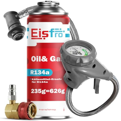 Eisfro - Sostituto del fluido refrigerante R134a gas 1x 235 g con tubo e adattatore HP/LP per climatizzazione – Ricarica climatizzatore auto – Gas R134a – Cartuccia di gas – ECO