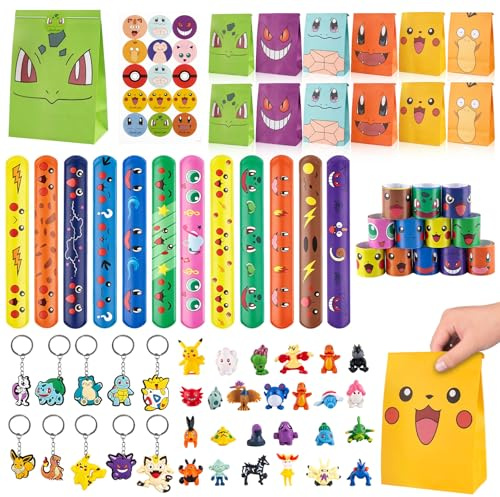AnnuzoQ 58-teiliges Geburtstags-Party-Set, Mitgebsel Kindergeburtstag | 12 Geschenktüten, 24 Figuren, 10 Schlüsselanhänger, 12 Klatscharmbänder, Farbenfrohes Geschenk für Geburtstage