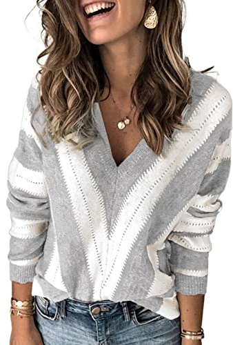 Uusollecy Jersey para Mujer de Cuello en V, Jersey Informal Holgado de Otoño-Invierno con Rayas, Gris Claro XL