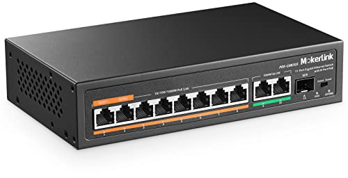 MokerLink 11 Port Gigabit PoE-Switch mit 8 PoE+ Port, 2 Gigabit Uplink, 1 SFP Port, 120W AI Erkennung, Qos, Plug & Play Netzwerk Switch ohne Lüfter