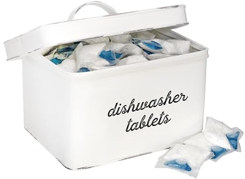 AuldHome Design Dishwasher Pod Holder, Tablet Container; White Enamelware Rustic Kitchen Storage Tin w/Lid