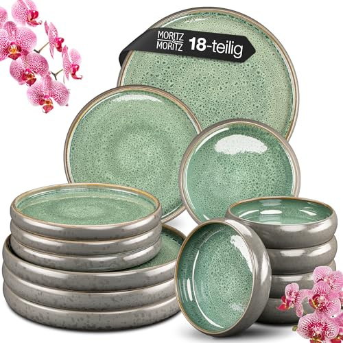 Moritz & Moritz SOLID 18-tlg Steinzeug Geschirr Set 6 Personen - Geschirrset 6 Personen aus je 6 Dinner Teller, Kleine Teller, Tiefe Teller