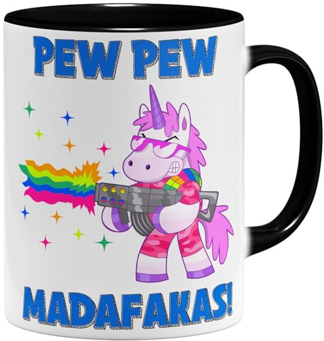 OM3® lustige Einhorn Pew Pew Madafakas Kaffee-Tasse mit Spruch - Regenbogen Unicorn - Keramik Becher - 325ml - Beidseitig Bedruckt - Schwarz