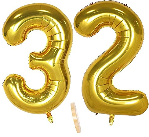 2 Ballons Numéro 32, Ballon 32 Ans Anniversaire Or XXXL 100cm Gold Géant Ballon Figurines Gonflable Hélium Feuille Chiffres Deco Pour Femme Homme La Décoration De Fête Mariage D'anniversaire