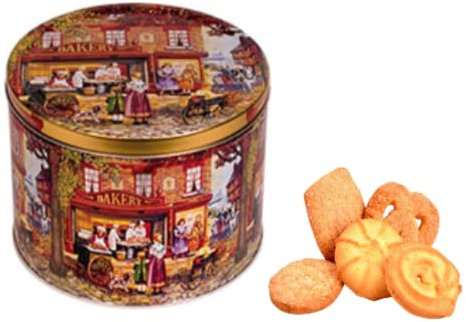 Biscotti in Latta di Metallo Tonda Jacobsens Bakery Decorata a Rilievo | Biscotti al Burro Danesi - 1 Kg | Lattine Biscotti