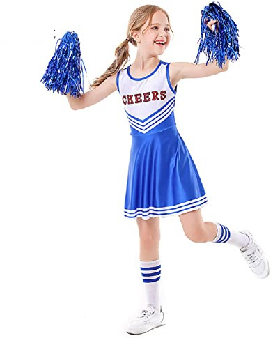 ALUCIC Mädchen Cheerleader Kostüm Cheerleading Uniform Karneval Fasching Party Halloween Kostüm Kleid Minirock mit 2 Pompoms und Socken (Blau, 146-152)