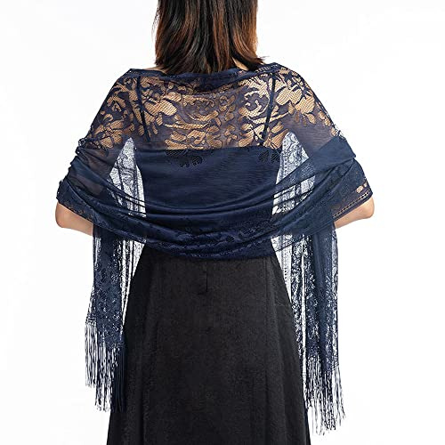 TOEECY Scialli di Pizzo Sciarpe Stole da Donna Leggera Morbida Sciarpa da Sera Scialle con Frangia vuoto Elegante Scialli per Cerimonia Matrimoni Nozze Festival (Blu Navy)