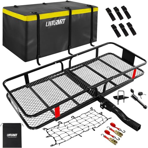 LWTURMRT Klappbare Anhängerkupplung – Anhängerkorb, 152,4 x 55,1 x 15,2 cm, passend für 5,1 cm Empfänger, 227 kg Tragkraft, Gepäckkorb mit Anhängerkupplungsstabilisator, Anhängerkupplungsschloss, 2