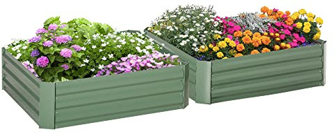 Outsunny Hochbeet Set, 2-TLG. Gartenbeet, Pflanzkasten, Blumenkasten, Pflanzkübel, Blumenkübel für Garten, Terrasse, Verzinkter Stahl, Grün, 100 x 100 x 30 cm