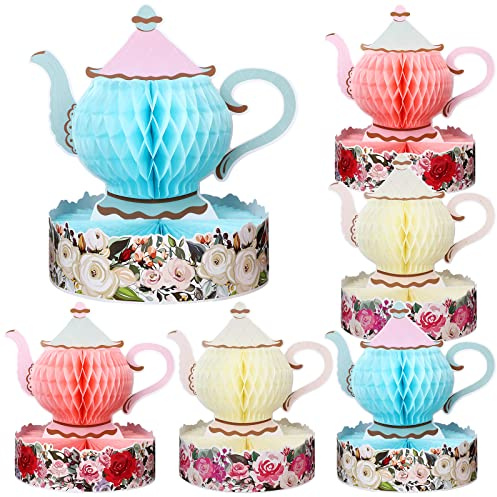 Wettarn 6 Pcs Floral Tea Party Decorations Princess Party Teapot Honeycomb Tea Party Centerpieces for Tables Spring Summer Birthday Decors 3D Vintage Teapot Vase Decors for Wedding Girls Women