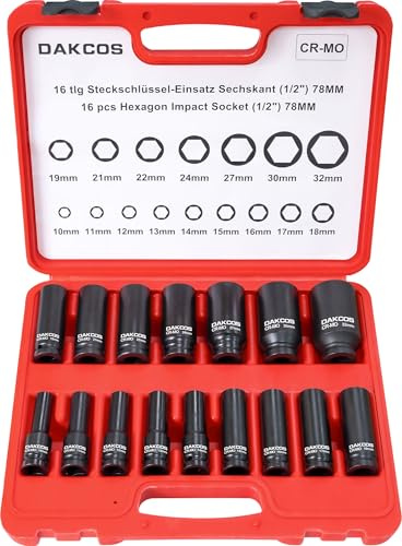 DAKCOS 16 delar 1/2 hylsnyckelsats, 10-32 mm，krafthylsa sexkant, Cr-Mo, långa hylsor set 1/2