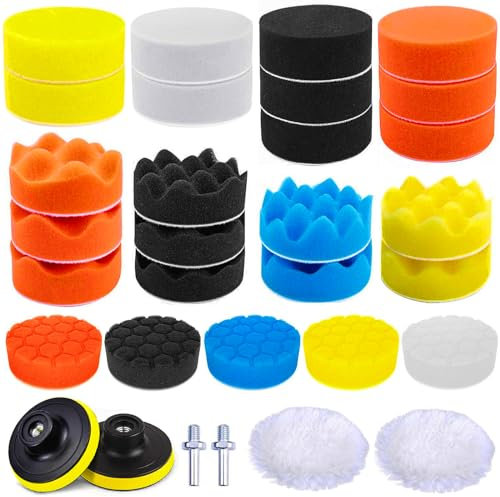 BASVII 31 Pezzi Kit Lucidatura Auto, 25 Pezzi 80mm Tamponi Lucidatura Auto, 2 Polish Auto in Lana, 2 M10 Adattatore per Trapano, Applicare a Lucidatrice Auto, Polish, Levigare e Cerare