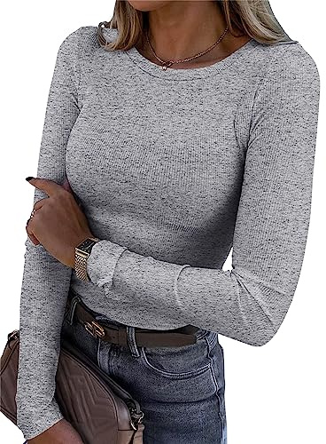 Roselux Womens Long Sleeve Stretch Crewneck Ribbed T-Shirt Fitted Casual Basic Tops(3922,Grey-S)