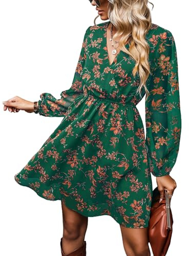 CUPSHE Women's Floral Print Chiffon A-Line Mini Dress Long Peasant Sleeves Elastic Autumn Dress Green Floral M