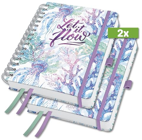 SIGEL J4604 Spiral-Kalender Jolie 2024, Underwater Miracles, ca. A5, Hardcover, Gummiband, Stiftschlaufe, Einstecktasche, 2 Zeichenbänder, 240 Seiten, nachhaltiges Papier, Terminplaner, 2 Stück