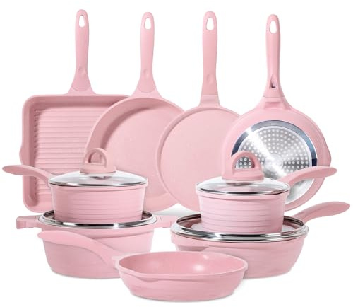 JEETEE Batterie de Cuisine Induction 23 PCS, Lot Casserole et Poêle Antiadhésive avec Couvercles en Verre, Casseroles, Poêles à Frire, Sauteuse, Faitout, Poêle à Crêpe et Poêle Grill Tous Feux, Pink