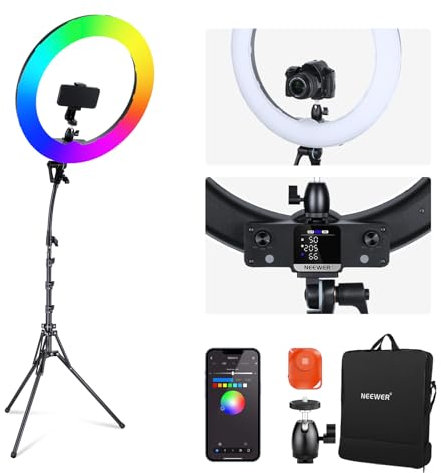 NEEWER 18 RGB LED Ringlicht APP Steuerung mit Ständer und Telefonhalterung, 42W dimmbar, 2500–10,000K, GM ± 50 Bi Farbe, CRI97+/TLCI98+, 360° Vollfarbe, 18 Szenen für Selfie, TikTok, Vlog, RGB18 II
