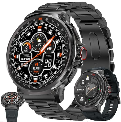 Smartwatch Herren mit Telefonfunktion, 1,85 AMOLED Runder Großbildschirm Sportuhr Herren mit Anrufe Fitnessuhr Herzfrequenzmonitor Schlafmonitor Schrittzähler, Smart Watch für iOS Android (Schwarz)