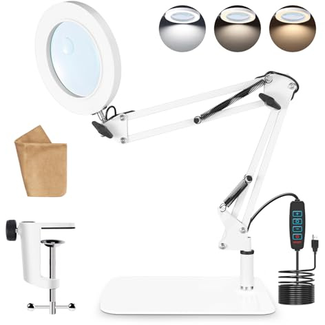 Lupe mit Licht und Ständer, 8 und 10 Fach LED Lupenlampe, Lupenleuchte mit Klemme, 3 Farbmodi, 10 Helligkeitsstufen Dimmbar Schreibtischlampe für Hobby, Basteln, Lesen, Senioren (Weiß - 10X 15X)