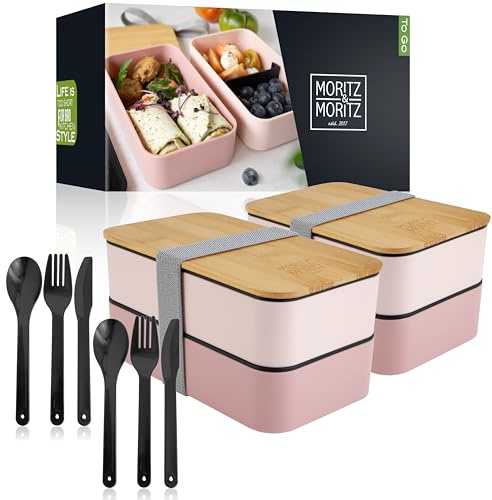 Moritz & Moritz 2er Set Bento Box Kinder in Pink - Perfekte Lunchbox für Kinder und Erwachsene - Brotdose mit Fächern - Ideal für die Arbeit, Schule und unterwegs