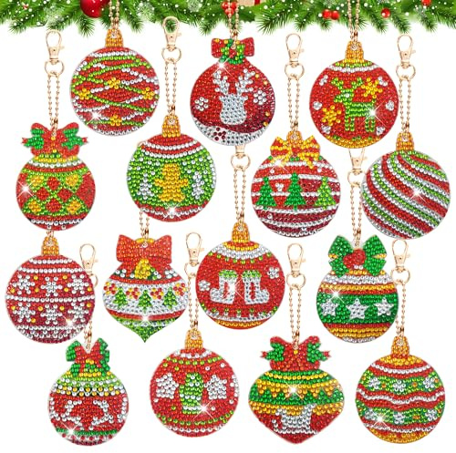 LYLIDIA 15 Set Diamond Painting Weihnachten Anhänger Weihnachtskugel Erwachsene Diamond Painting Schlüsselanhänger Doppelseitige Diamant Painting Winter Malerei Bastelset DIY Kit Weihnachtsbaum Deko