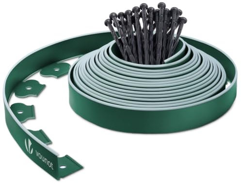 VOUNOT® Plastic Lawn Edging Border with 30 Ground Anchors, 10m Flexible Garden Edging Strip for Grass, Paths, Gravel or Flower Beds, Weatherproof Landscape Border, 5cm High, Green & Green Outline Edge
