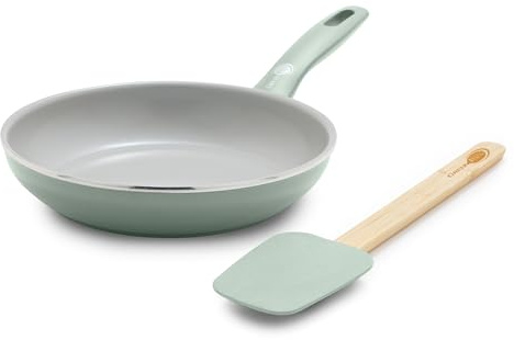 Greenpan Dover 8” Frying Pan Skillet with Spatula, Non-Toxic PFAS-Free Ceramic Nonstick Coating, Sear Saute Fry Egg Omlete, Dishwasher & Oven Safe, Stay Cool Handle, Easy Pour Rims, Pastel Green
