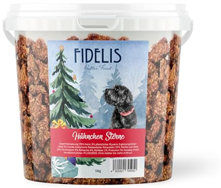 Hähnchen-Weihnachtssterne für Hunde im wiederverschließbarem 1kg-Eimer - Luftgetrocknete Hunde Leckerlis aus 100% natürlichen Rohstoffen - der perfekte Weihnachtssnack für Deinen Hund