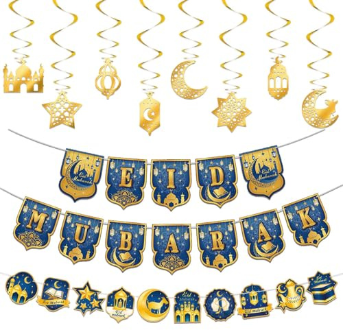 Eid Mubarak Dekoration, Eid Deko Vormontiert Eid Mubarak Banner Eid Mubarak Dekoration - Ramadan Deko Set mit Ramadan Girlande und Umrah Mubarak Deko für Unvergessliche Ramadan Mubarak Festlichkeiten