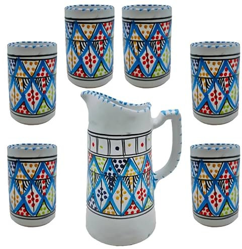Set di Brocca e 6 Bicchieri in Ceramica Tunisina Dipinti a Mano, Artigianato Tradizionale COLORE PREVALENTE CELESTE