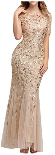 FUPODD Damen Abendkleid Elegant Maxikleid 1920er-Jahre Kleid Mit Pailletten Damenkleid Tüll Partykleid Frauen Kurze Ärmel Kleider Lang Cocktail-Meerjungfrau-Kleid Ballkleid Für Hochzeit Abendkleider